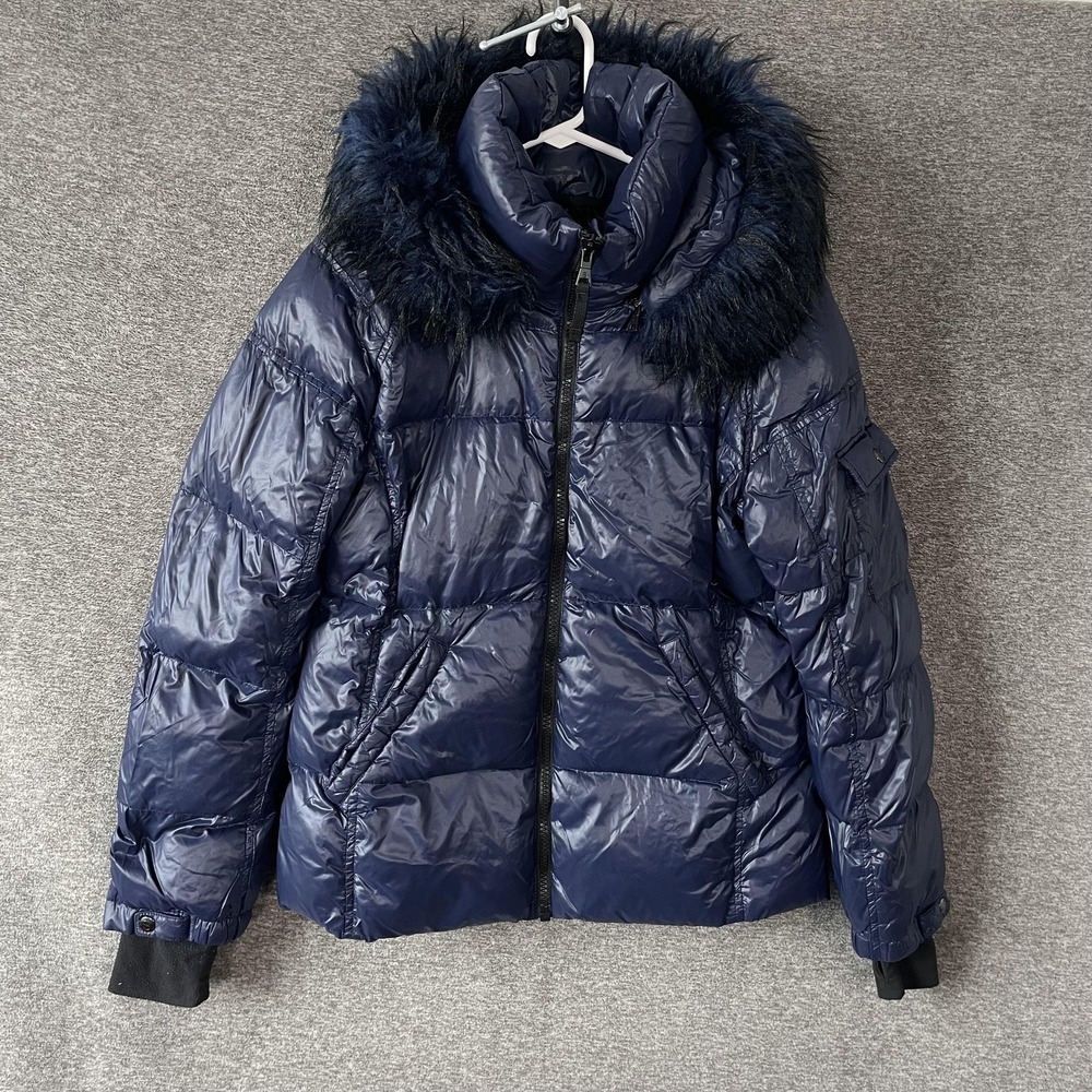 S13 NY Down Puffer Jacket Womens XL‎ Blue Faux Fur Hood Short Zip Warm Winter